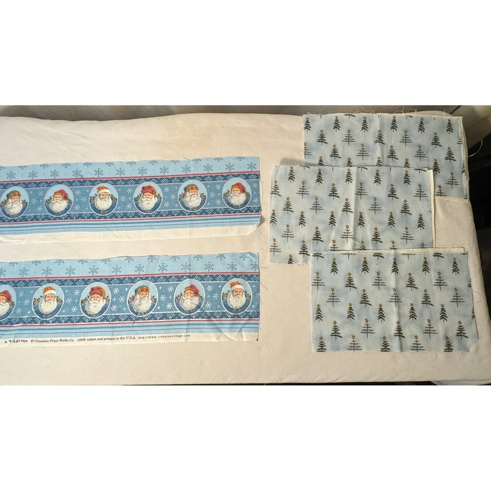 Cranston Print Works Christmas Fabric Remnants Blue Santa Tree 5pc‎ Lot Cotton